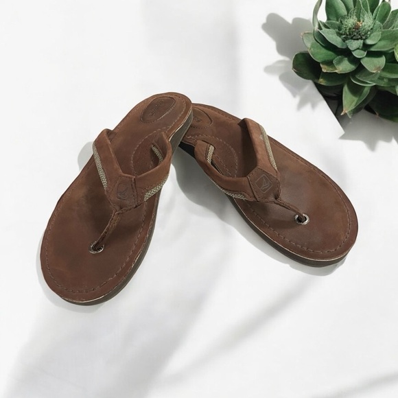 Sperry Top Slider Brown Leather Thong Slippers/ Sandals size 9 - Picture 1 of 13